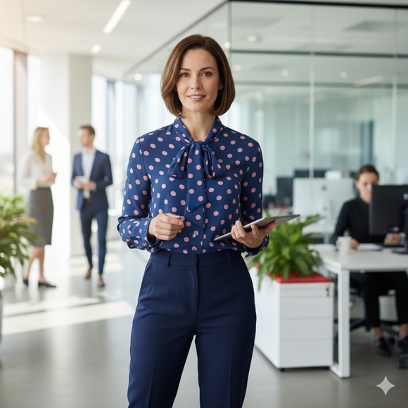 Tahari Retro Polka Dot Tie Button-Up Blouse Blue Pink Size Large EUC - Picture 1 of 6